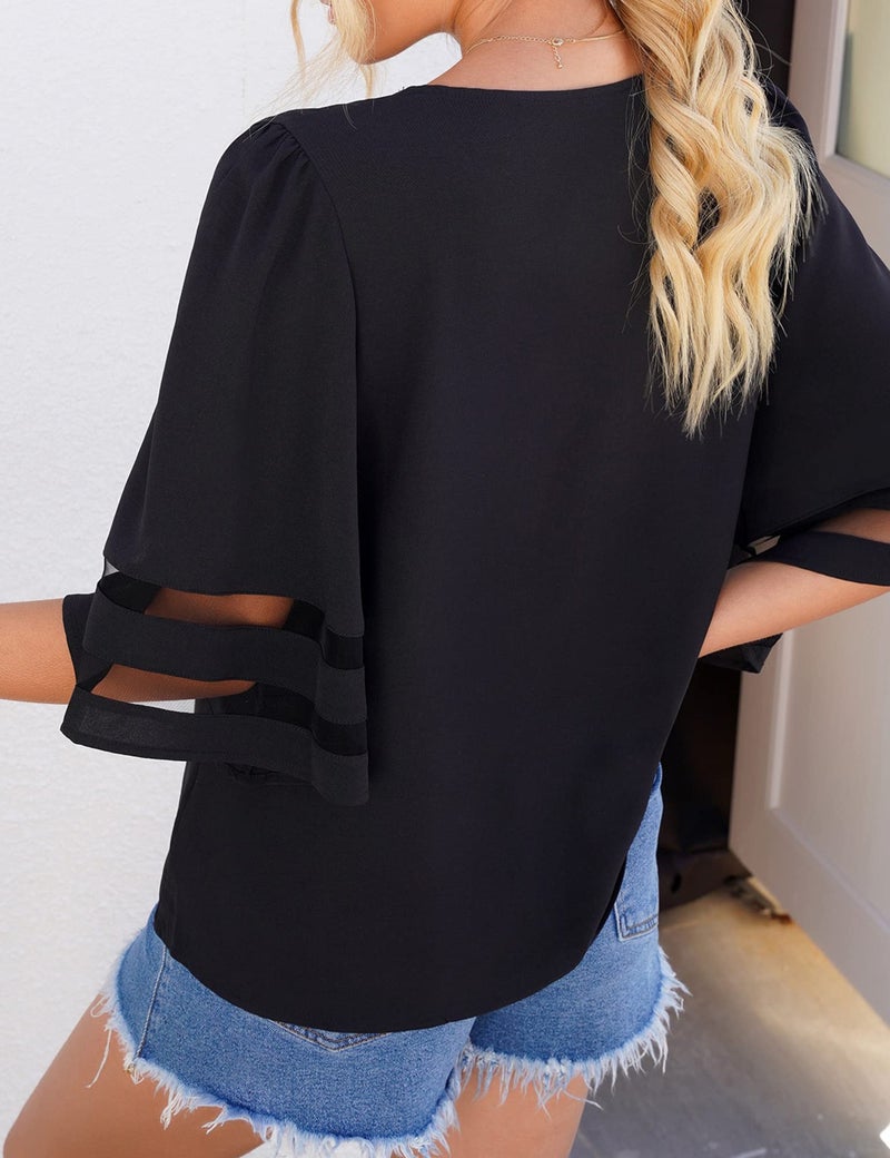 LookbookStore Spring Summer Tops for Women Dressy Casual 2024 Black Tops Blouses Strappy Vneck Mesh Panel 3/4 Length Sleeve Womens Tops Bell Sleeve Loose Shirt Size M Size 8 10 - Image 5